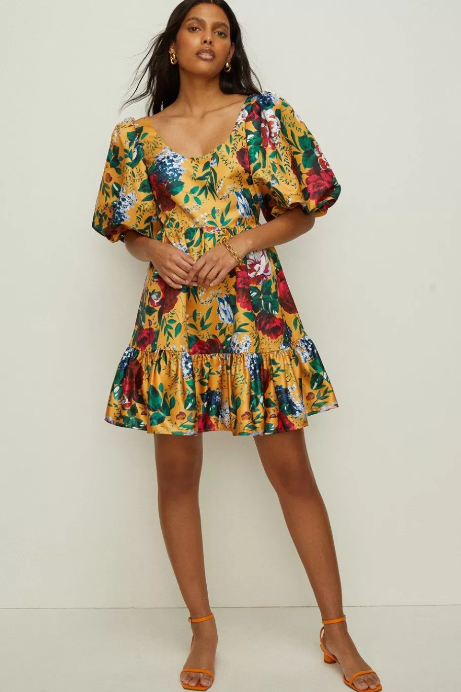 Oasis Floral Satin Puff Sleeve Skater Dress Ochre Best Sale