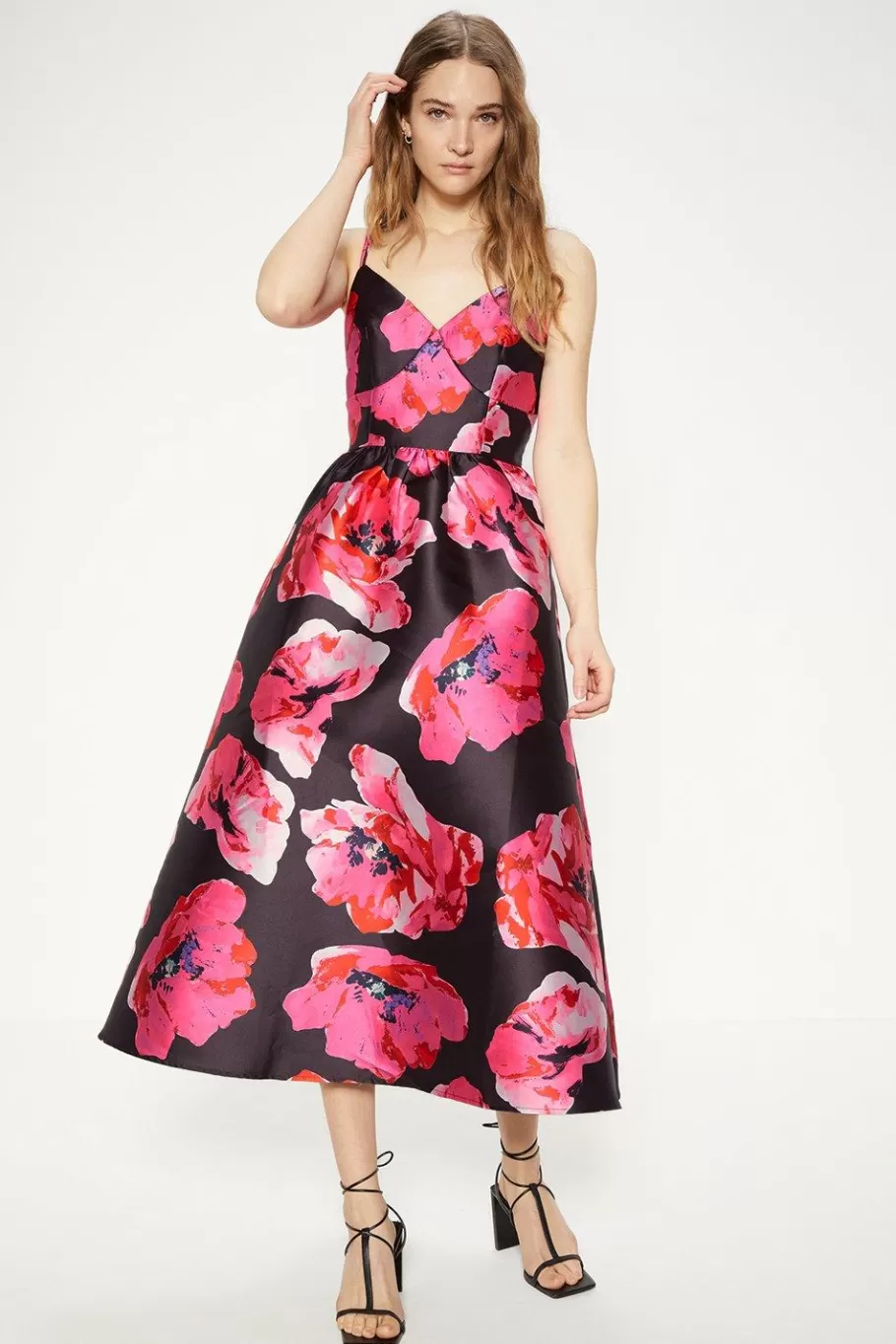 Oasis Floral Satin Twill Strappy Midi Dress Multi Fashion