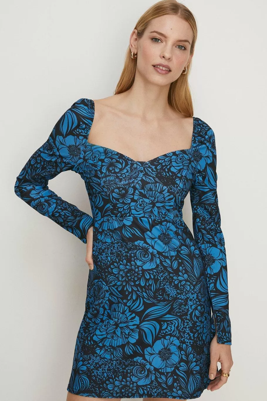 Oasis Floral Scuba Crepe Sweetheart Neck Mini Dress Blue Best Sale