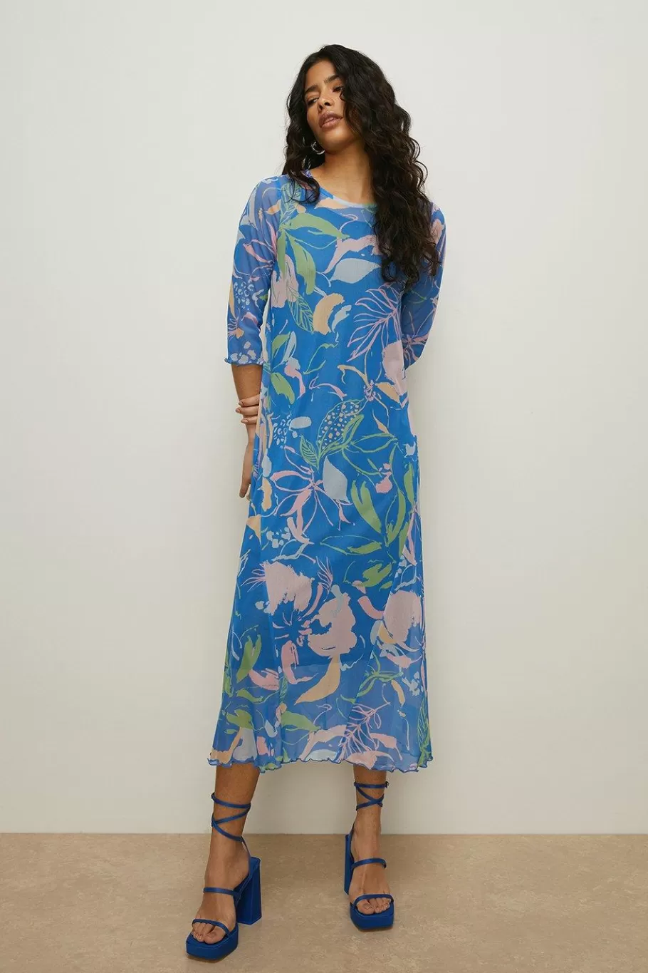 Oasis Floral Shirred Neck Mesh Midi Dress Blue Best Sale