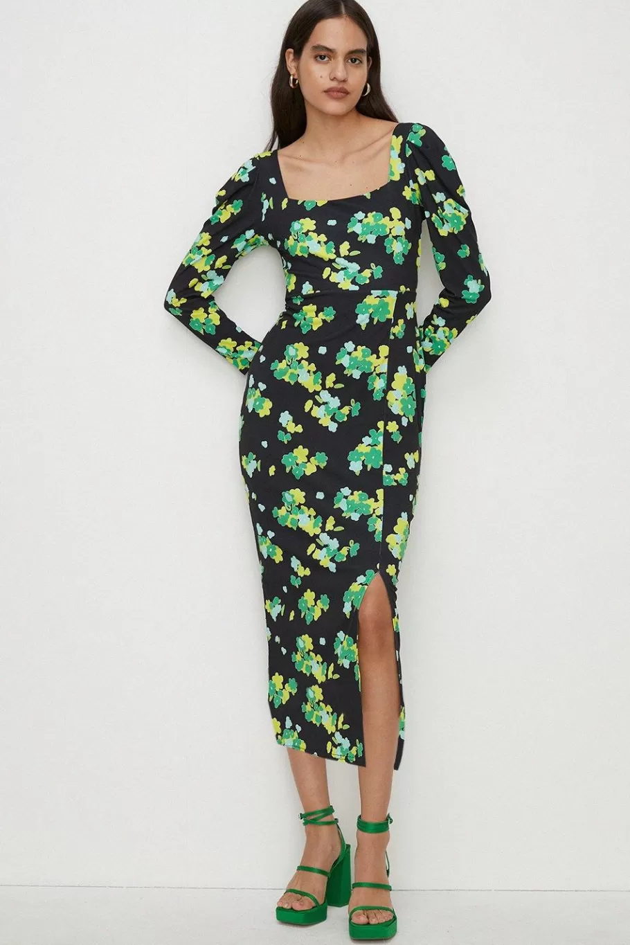 Oasis Floral Slinky Jersey Neck Tie Midi Dress Black Shop