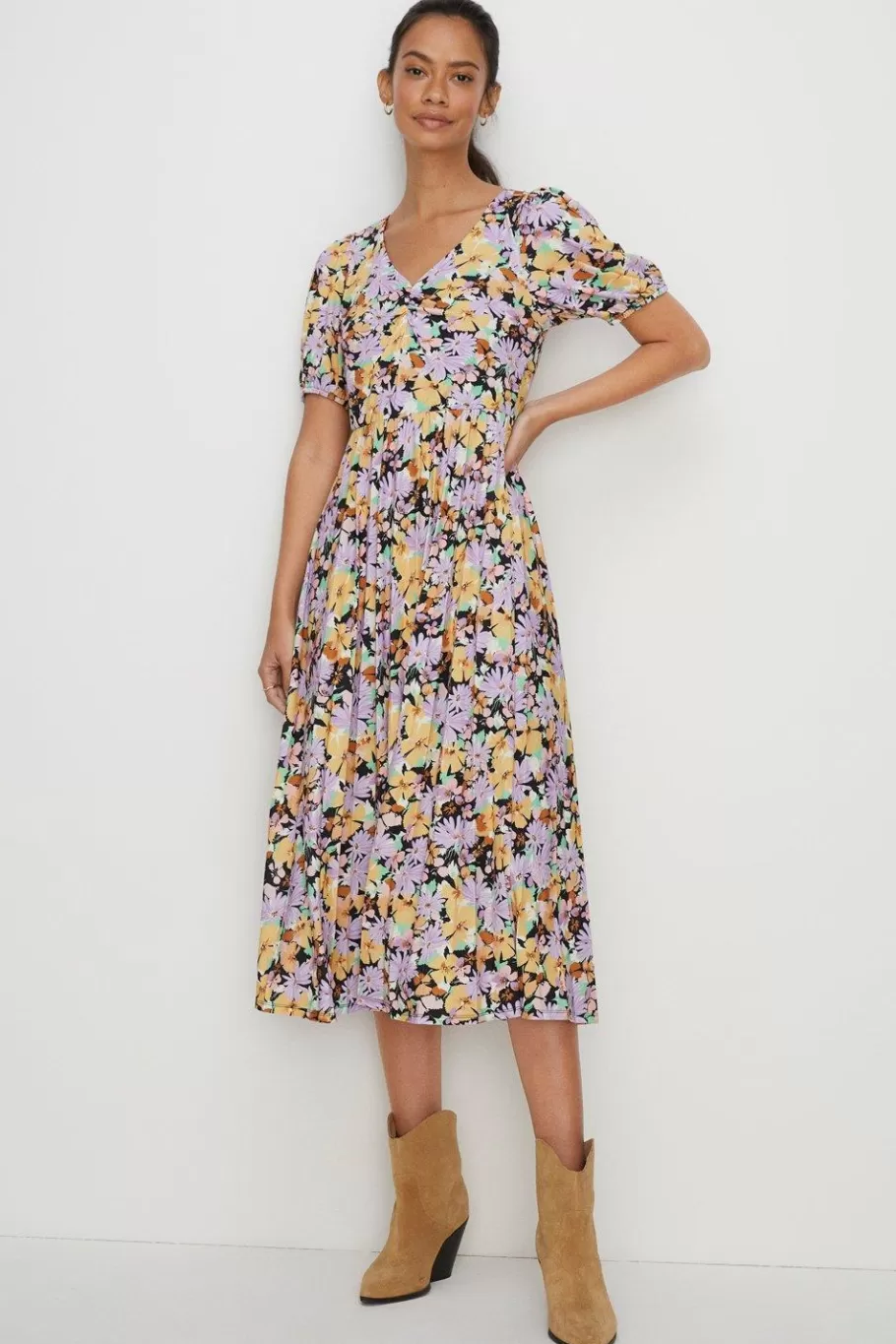 Oasis Floral Slinky Jersey Pleated V Neck Midi Yellow New