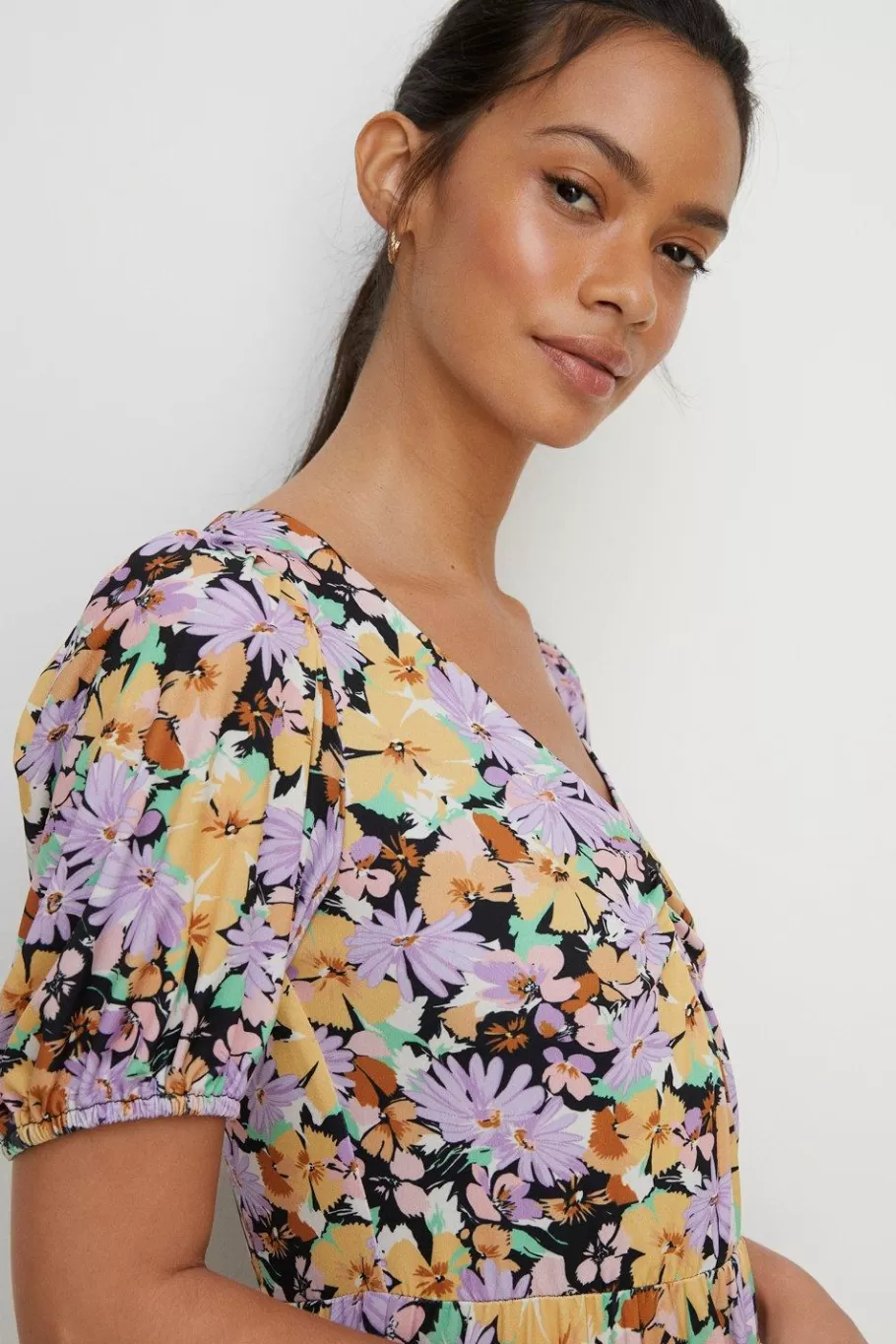 Oasis Floral Slinky Jersey Pleated V Neck Midi Yellow New