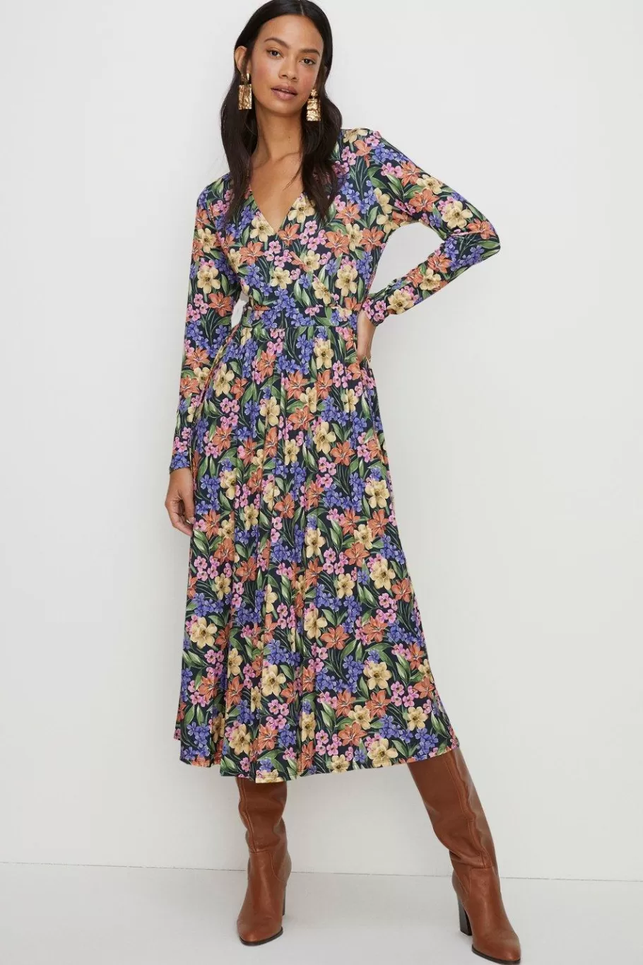 Oasis Floral Slinky Mock Wrap Pleated Midi Dress Black Sale