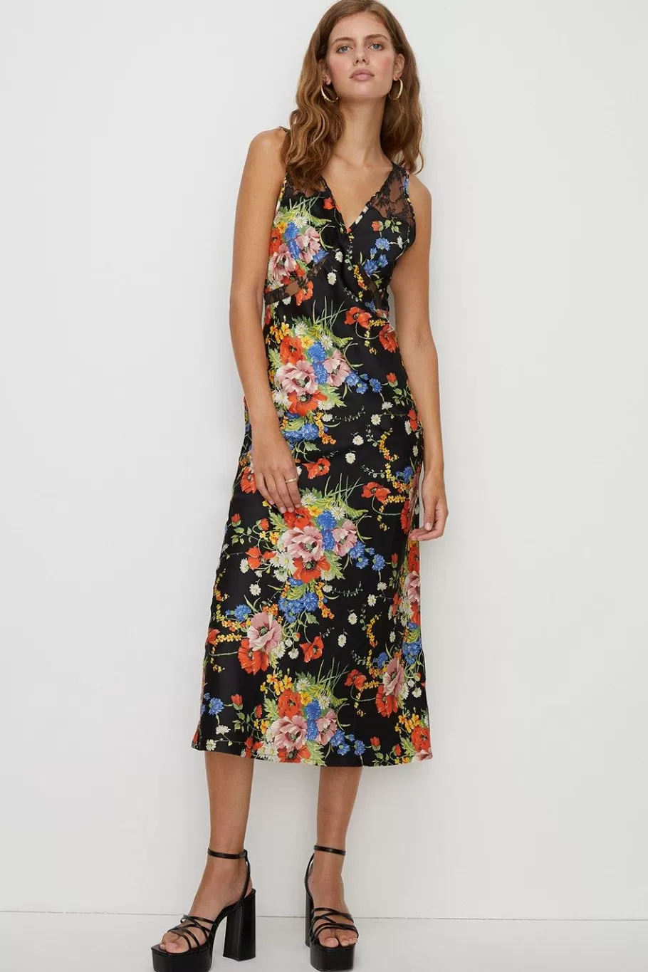 Oasis Floral Spot Lace Trim Scallop Satin Slip Dres Multi Discount