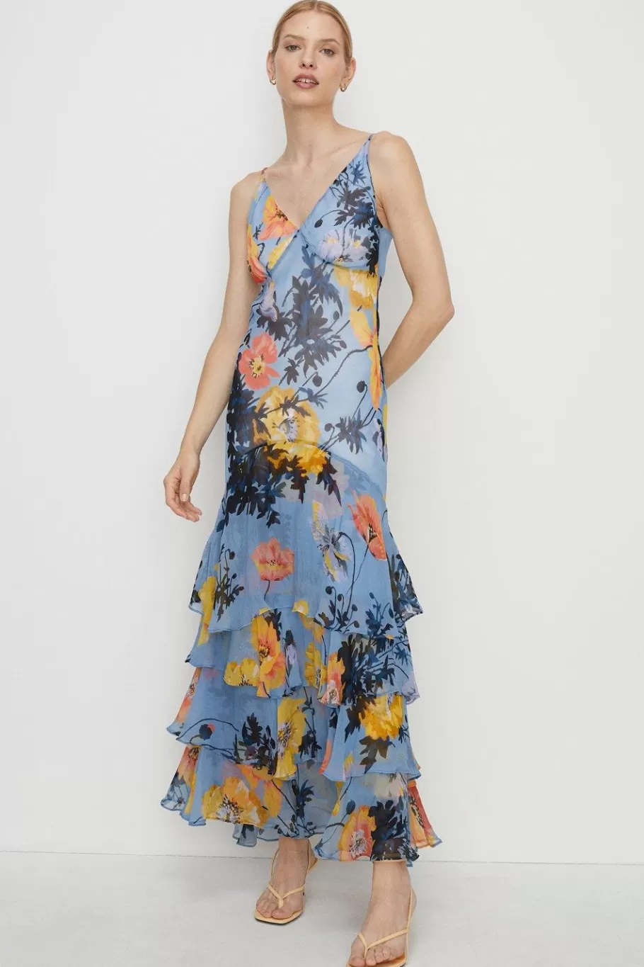 Oasis Floral Strappy Bias Ruffle Midi Dress Blue Shop