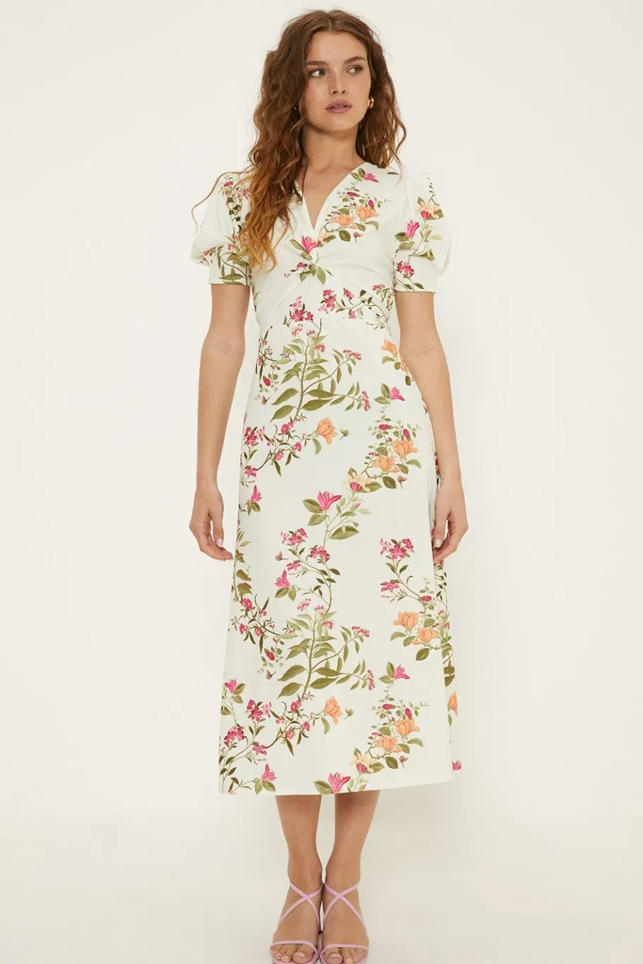 Oasis Floral Stretch Crepe Twist Front Midi Dress Ivory New