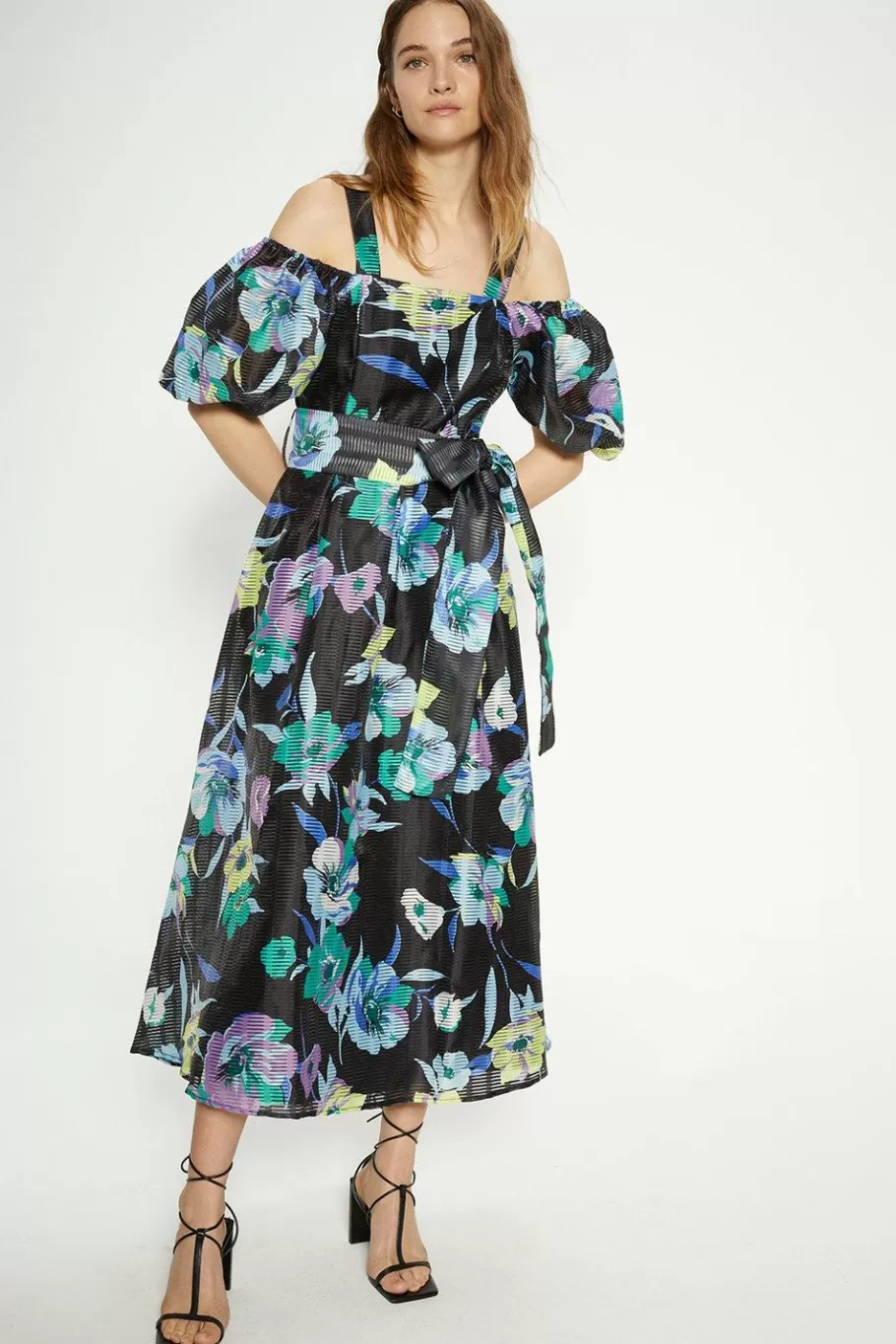 Oasis Floral Striped Organza Belted Midi Dress Multi Sale