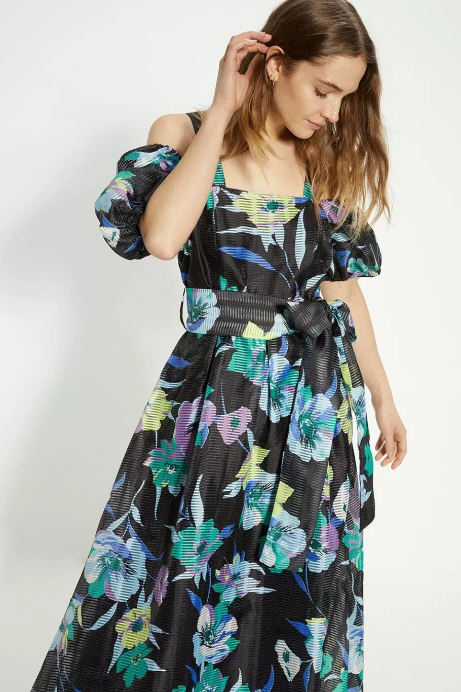 Oasis Floral Striped Organza Belted Midi Dress Multi Sale