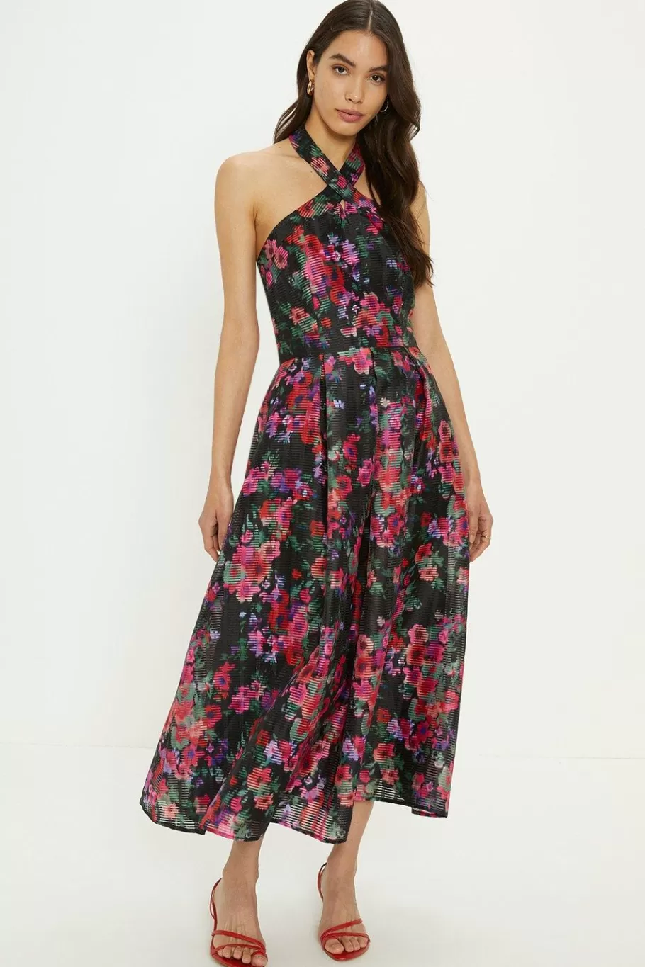 Oasis Floral Striped Organza Halter Neck Midi Dress Multi Online