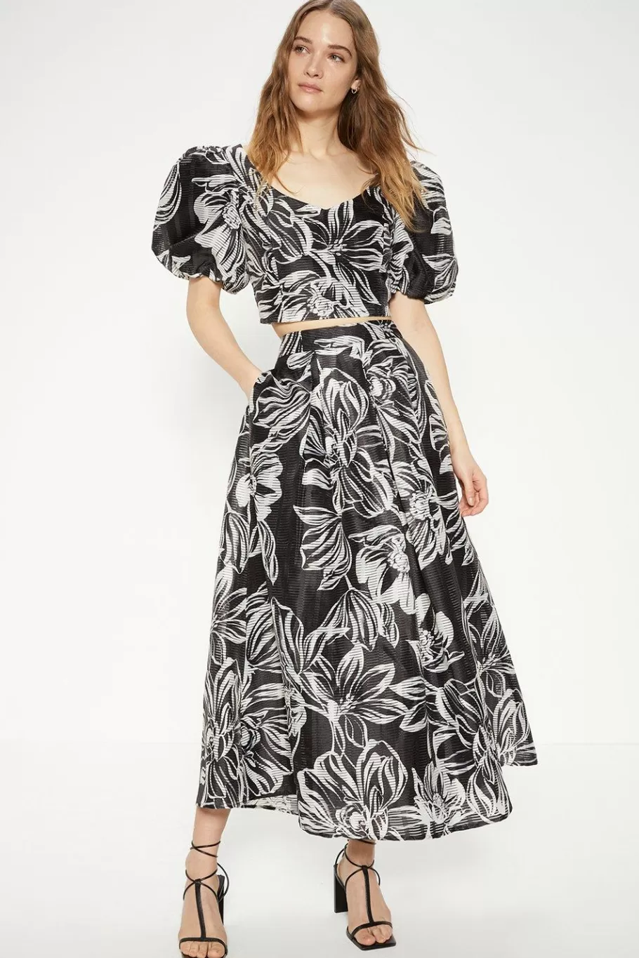 Oasis Floral Striped Organza Pleated Midi Skirt Mono Best Sale