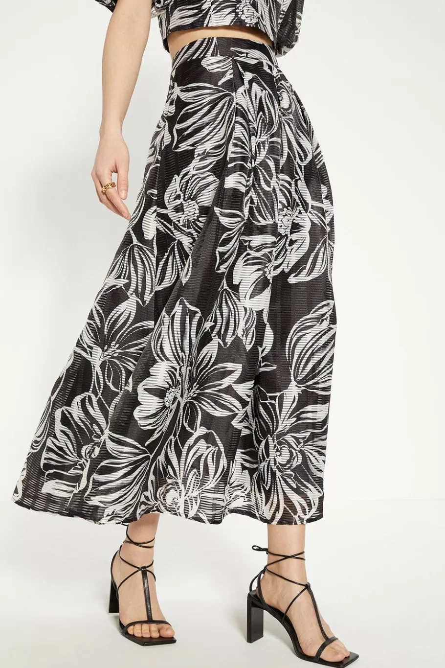 Oasis Floral Striped Organza Pleated Midi Skirt Mono Best Sale