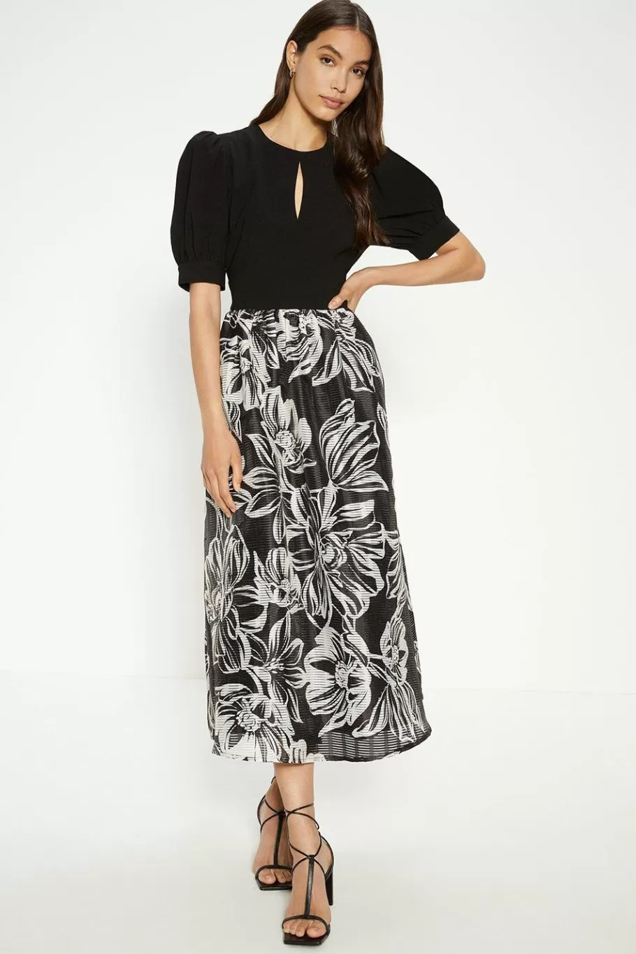 Oasis Floral Striped Organza Puff Sleeve Midi Dress Black Hot