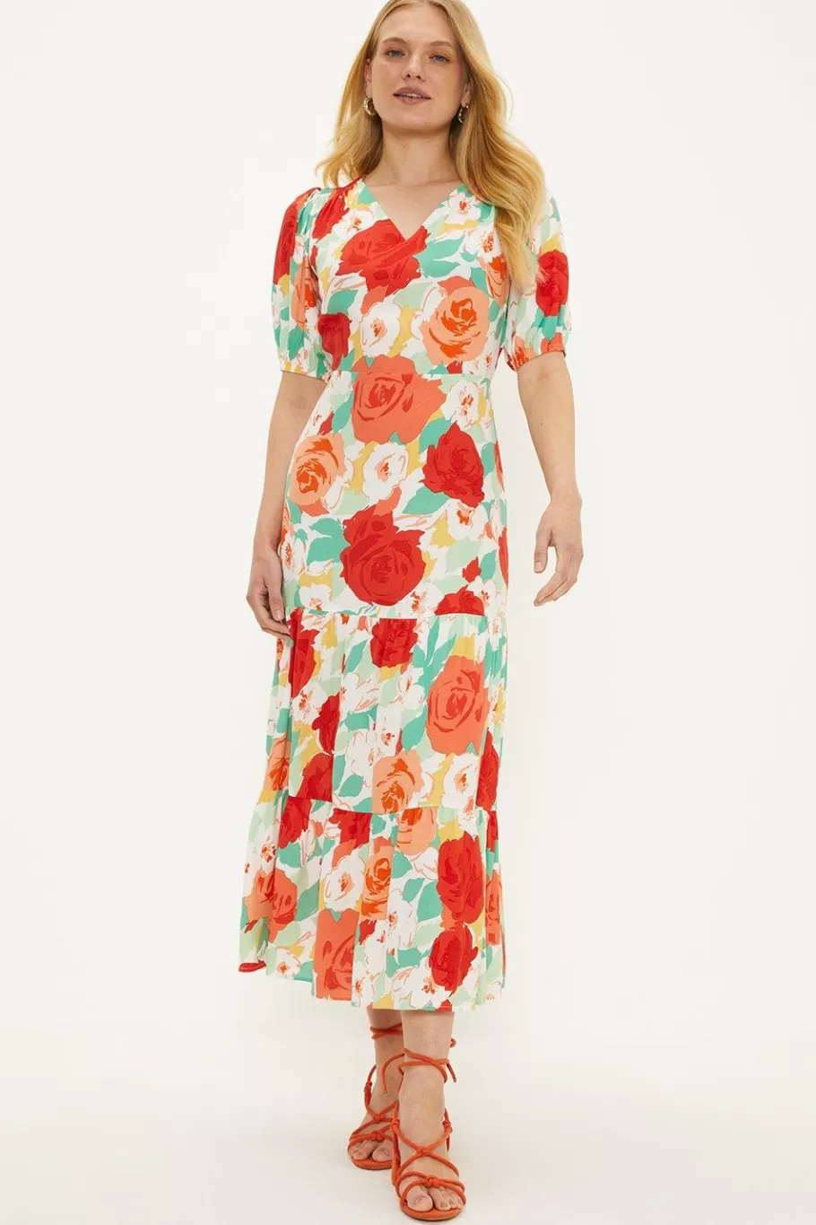 Oasis Floral V Neck Shirred Midi Dress Multi Outlet