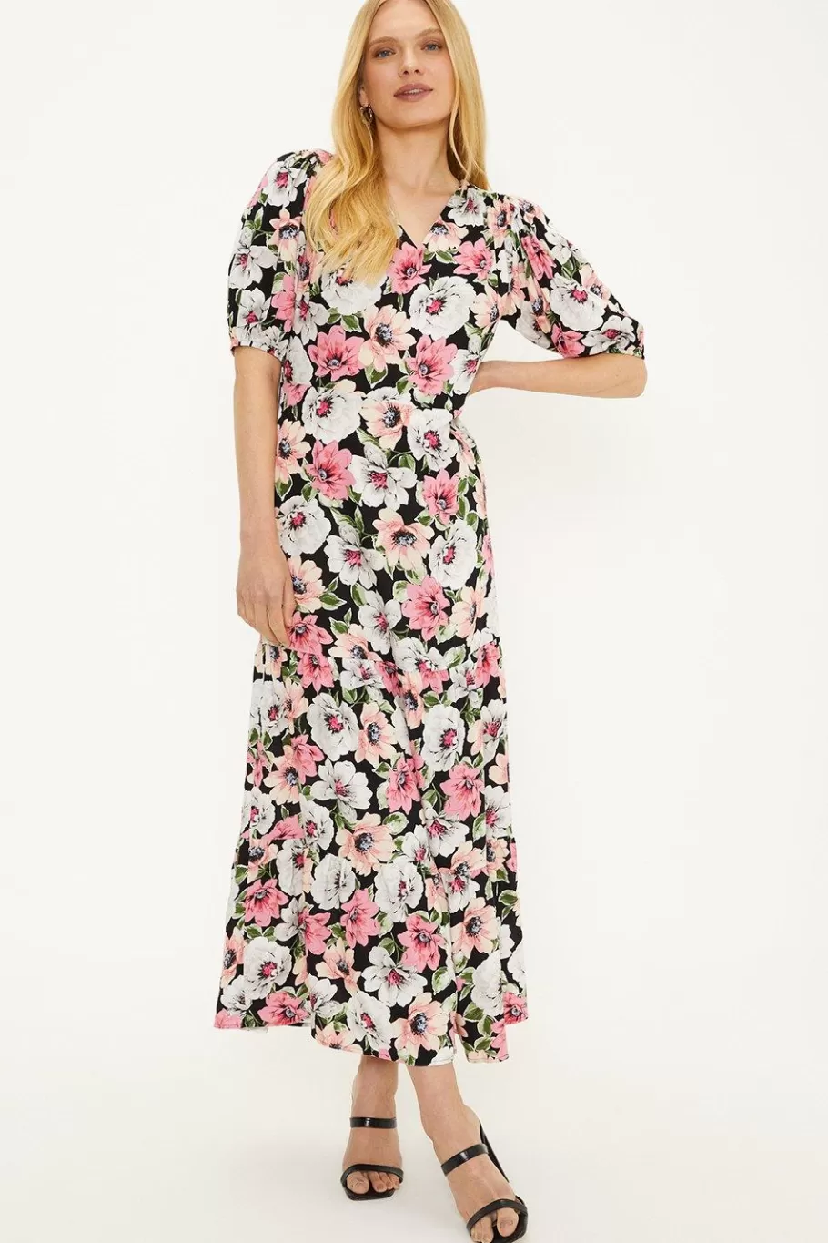 Oasis Floral V Neck Shirred Midi Dress Black Shop