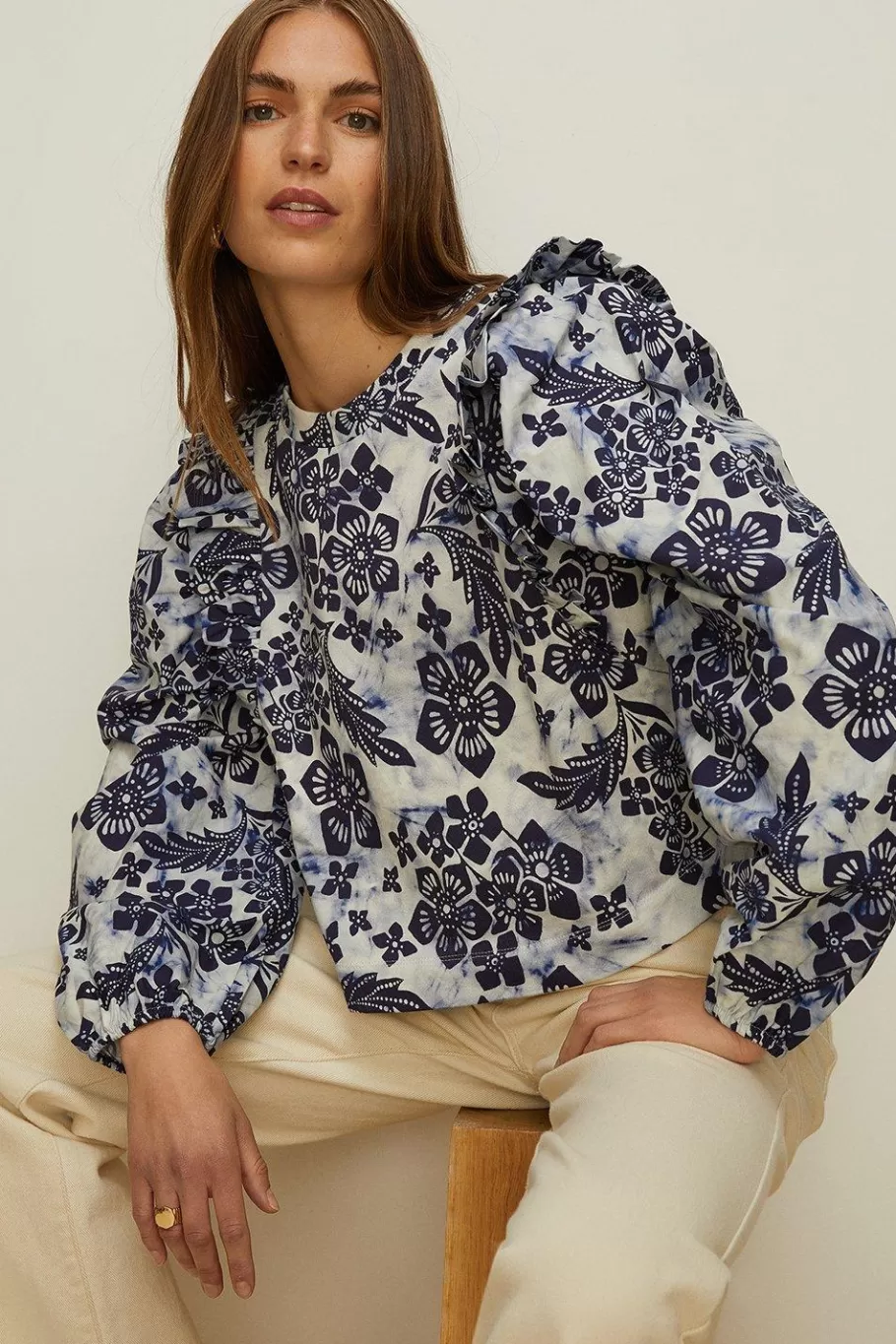 Oasis Floral Woven Mix Frill Detail Sweatshirt Ivory Fashion