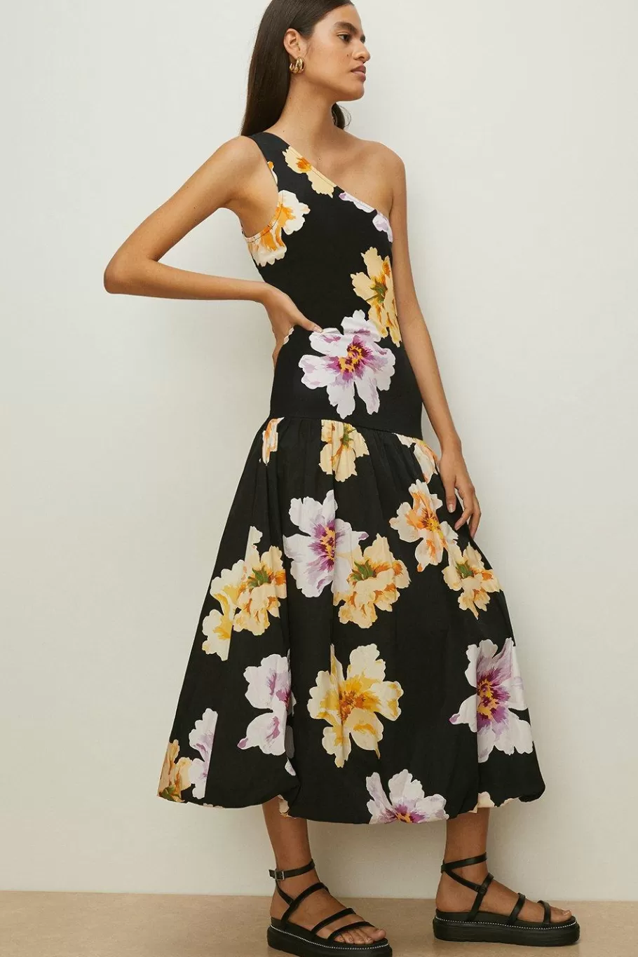 Oasis Floral Woven Mix One Shoulder Midi Dress Black Flash Sale