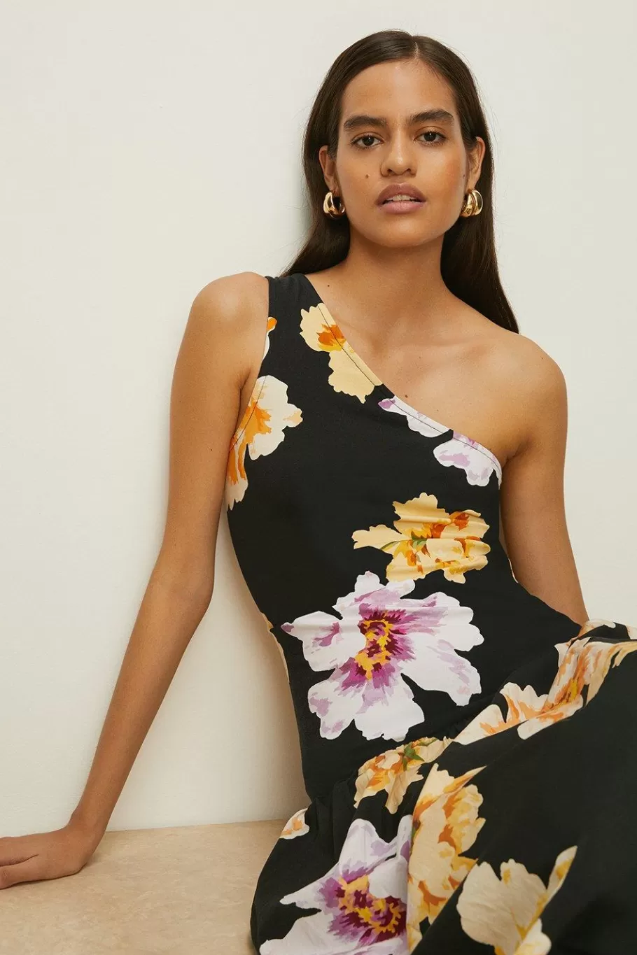 Oasis Floral Woven Mix One Shoulder Midi Dress Black Flash Sale