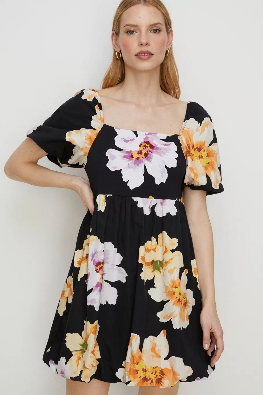 Oasis Floral Woven Mix Puff Sleeve Mini Dress Black Cheap