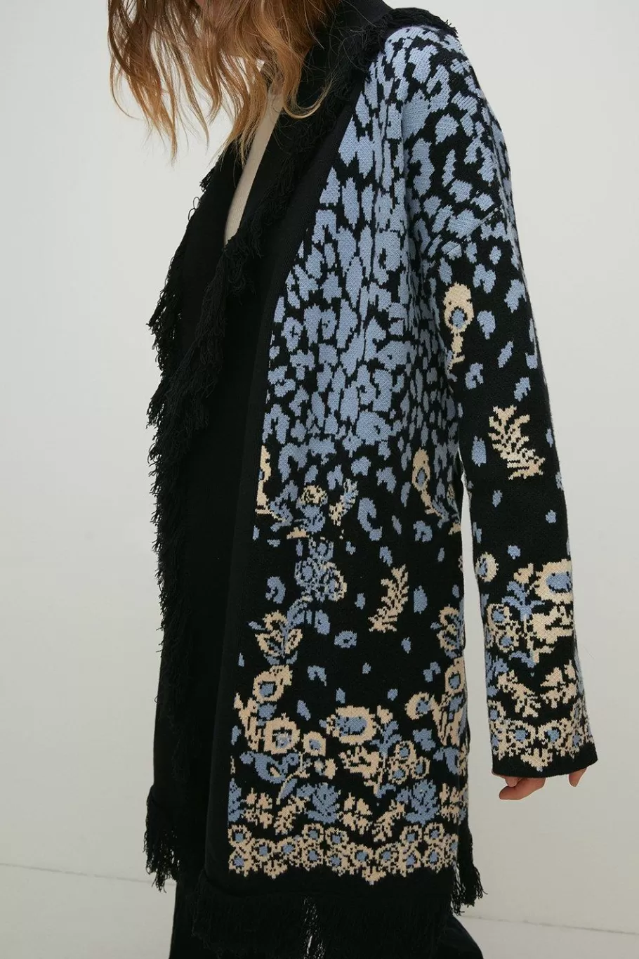 Oasis Folk Floral Jacquard Fringe Cardigan Blue Fashion