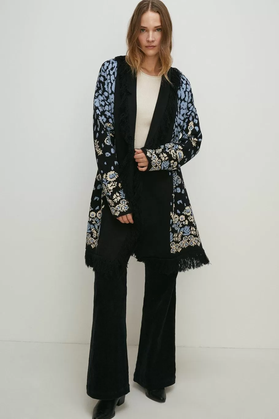 Oasis Folk Floral Jacquard Fringe Cardigan Blue Fashion