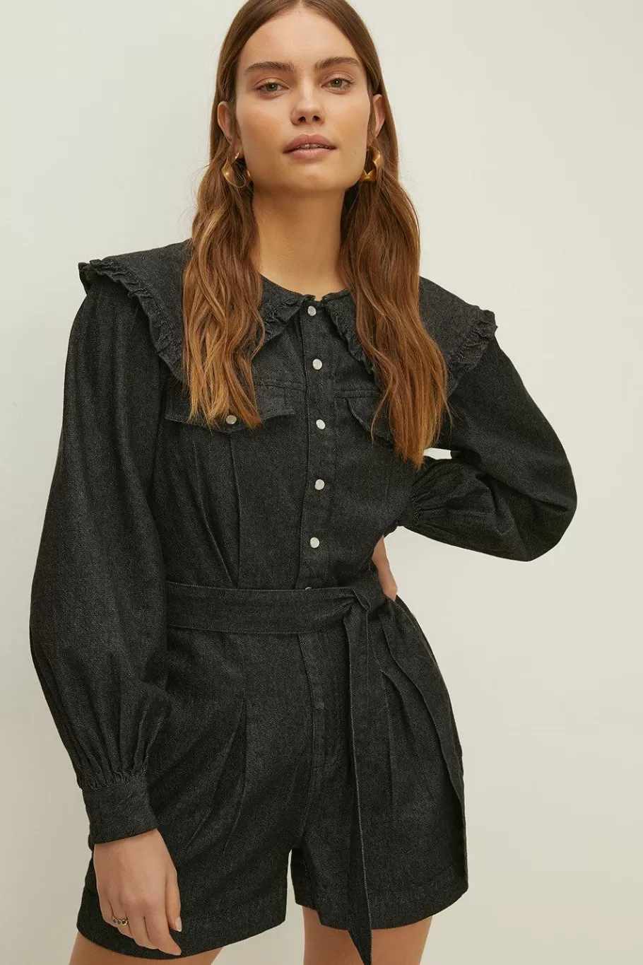 Oasis Frill Collar Denim Playsuit Black Cheap