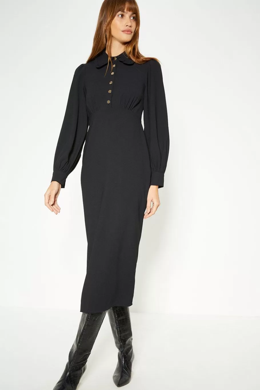 Oasis Frill Collar Soft Tailored Midi Dress Black New