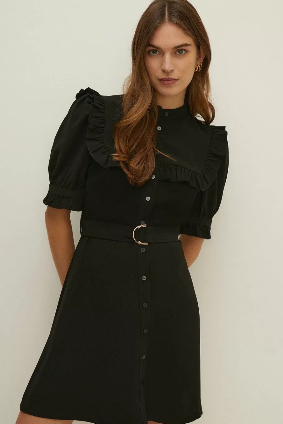 Oasis Frill Detail Belted Crepe Dress Black Clearance