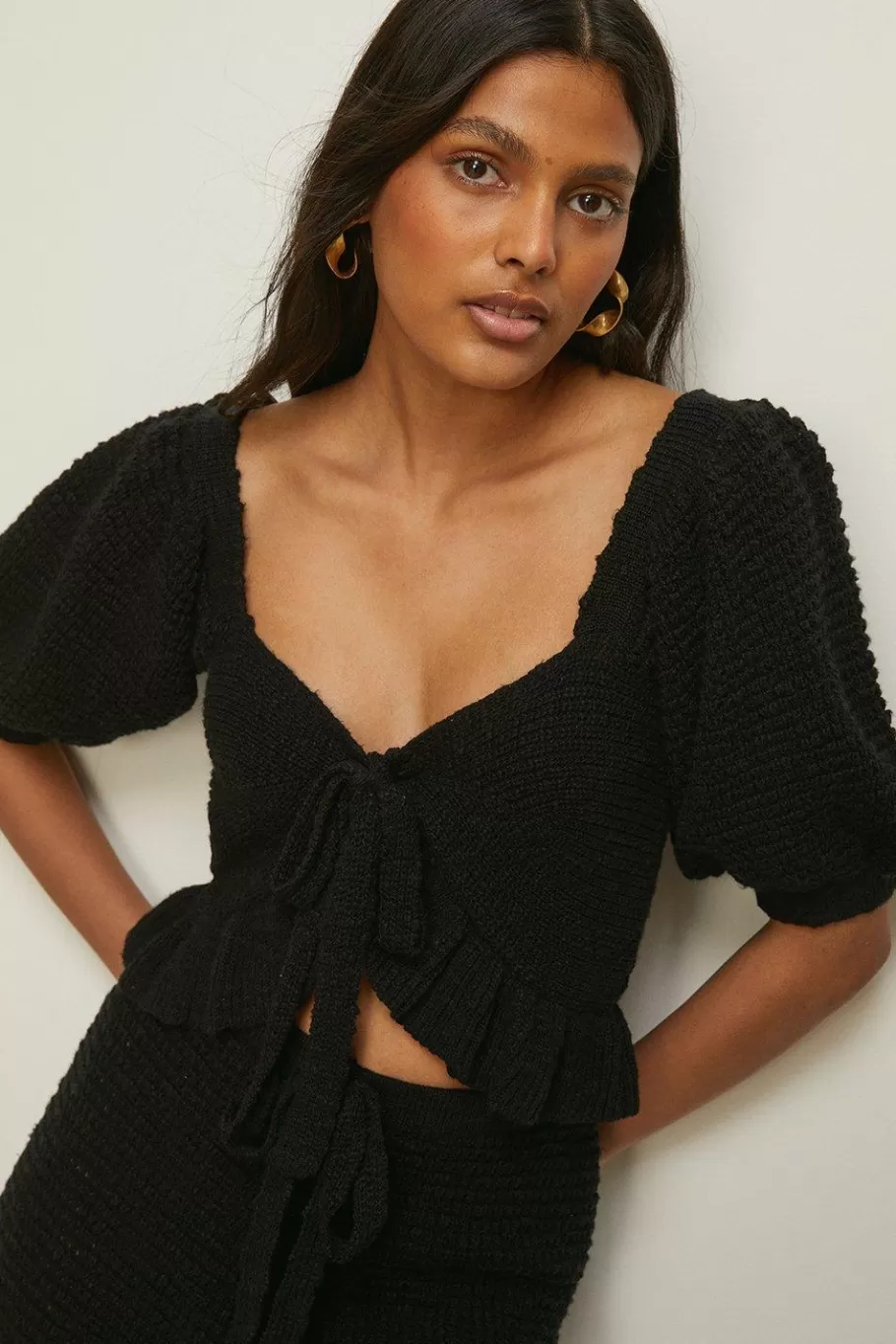 Oasis Frill Detail Knitted Tie Front Crop Top Ecru Best Sale