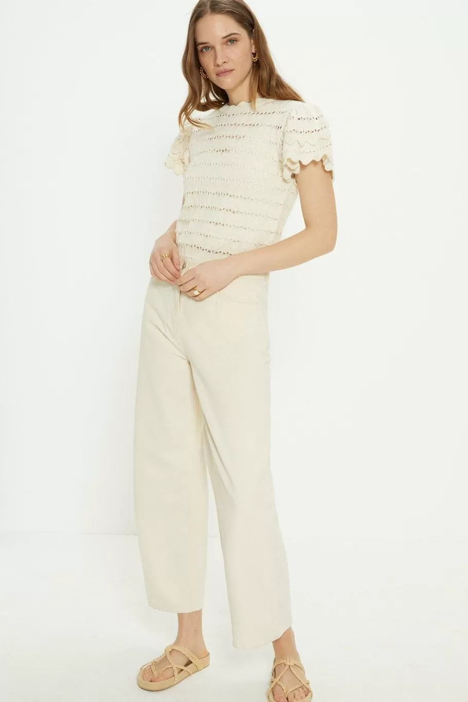 Oasis Frill Sleeve Cotton Slub Jumper Ecru Sale