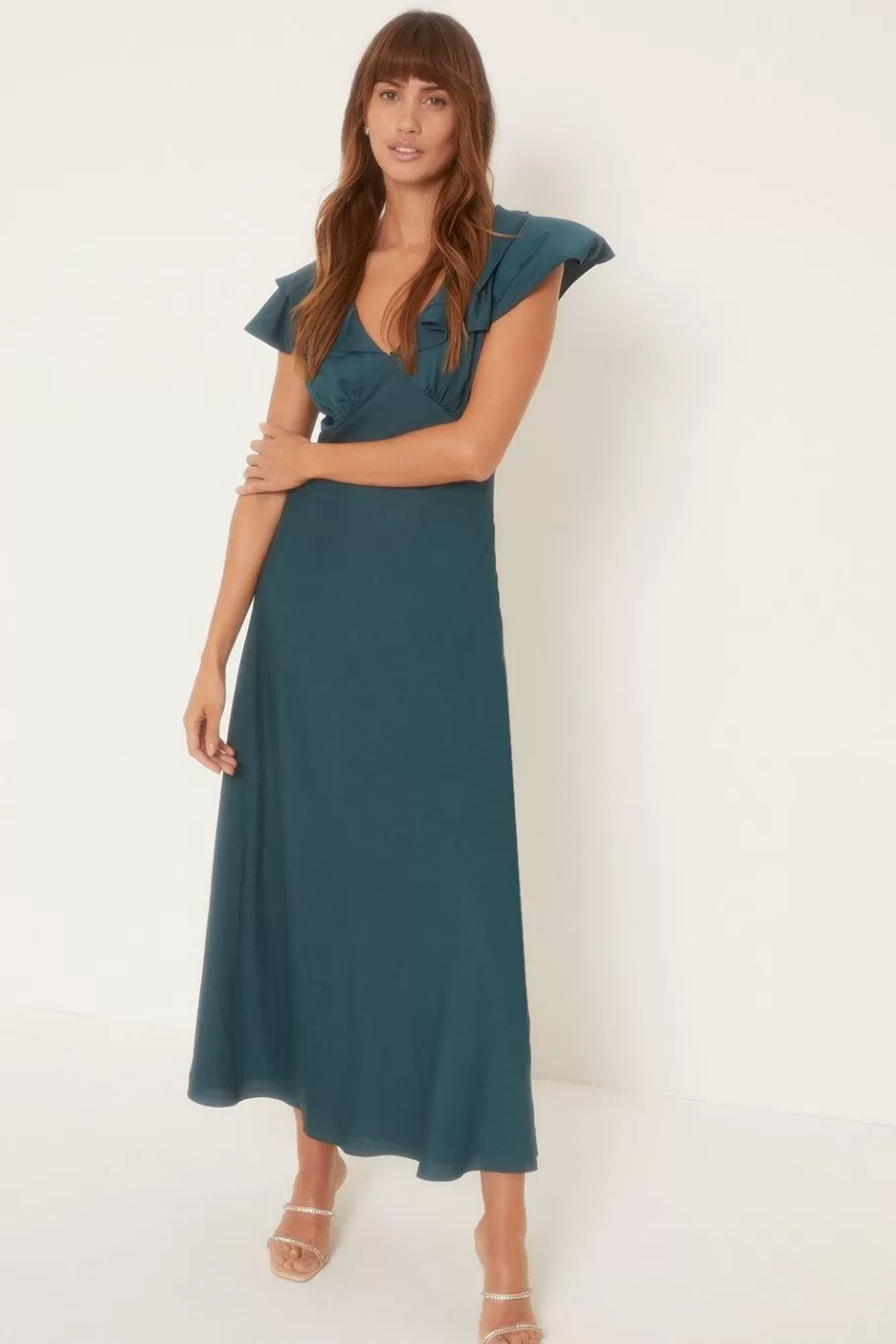 Oasis Frill V Neck Satin Bias Midaxi Dress Emerald Shop