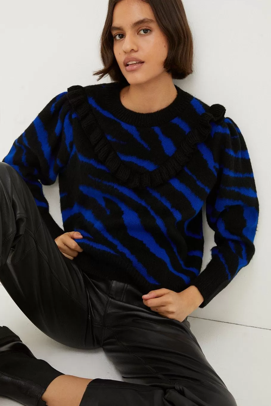 Oasis Frilly Yoke Animal Jacquard Jumper Cobalt Outlet