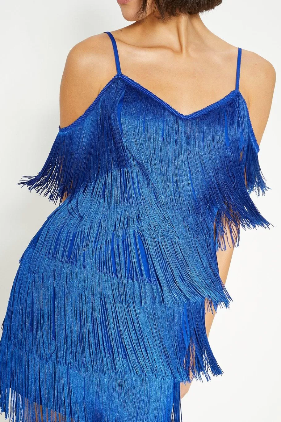 Oasis Fringed Cold Shoulder Mini Dress Blue Discount