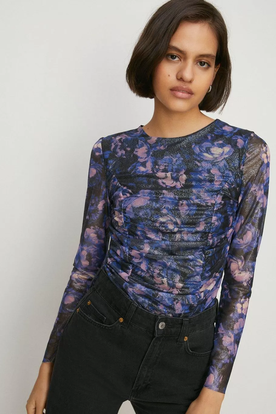 Oasis Glitter Floral Mesh Ruched Front Top Multi Fashion