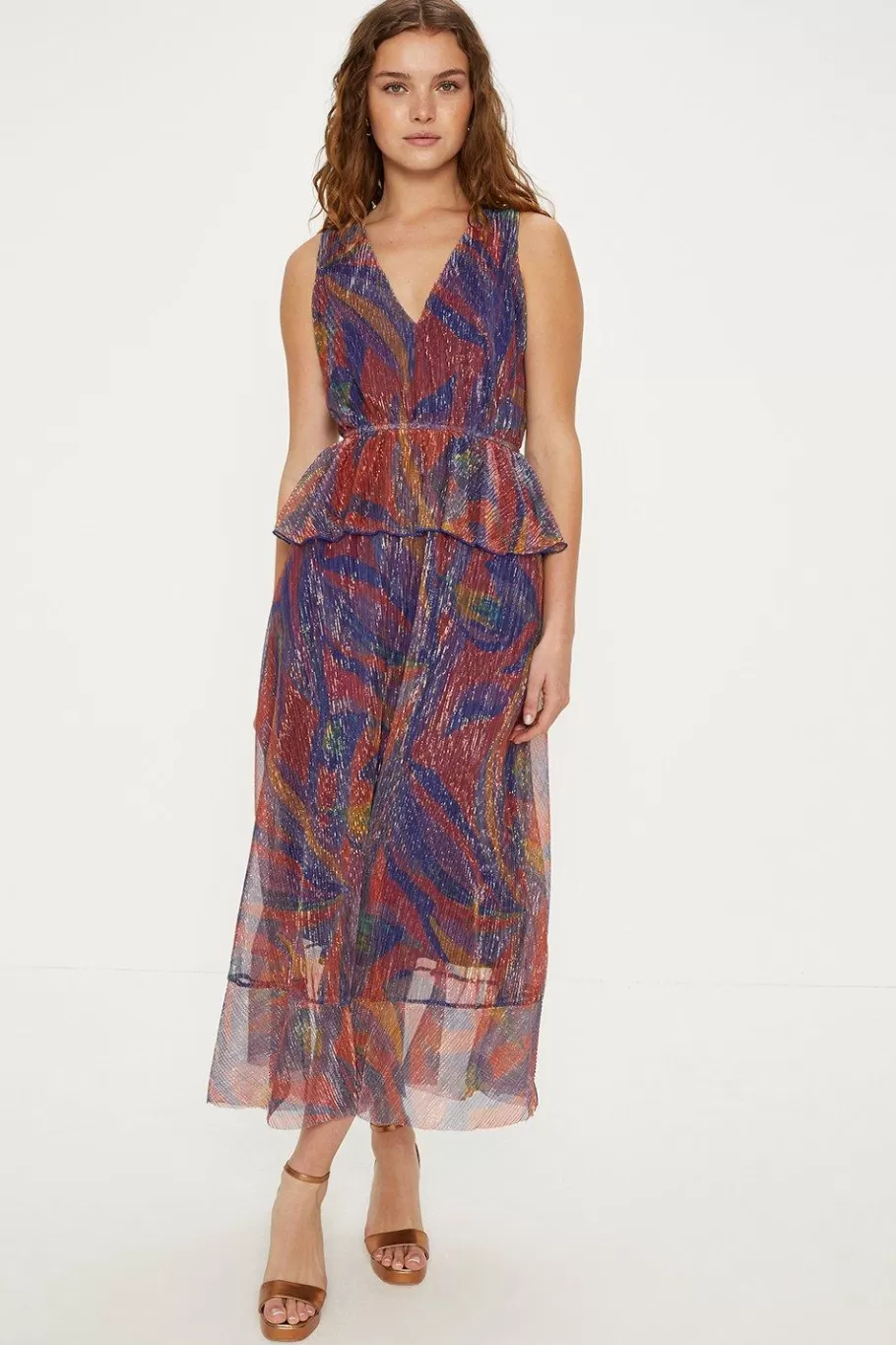 Oasis Glitter Plisse Abstract V Neck Tiered Midi Dress Blue Online