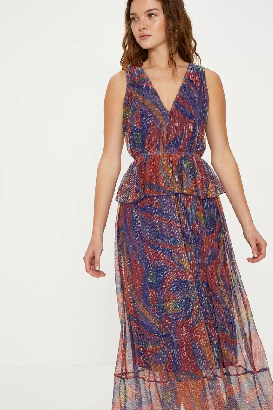 Oasis Glitter Plisse Abstract V Neck Tiered Midi Dress Blue Online