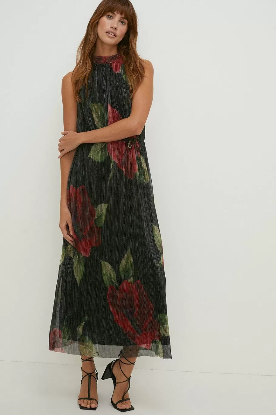 Oasis Glitter Plisse Floral Halter Neck Maxi Dress Black Flash Sale