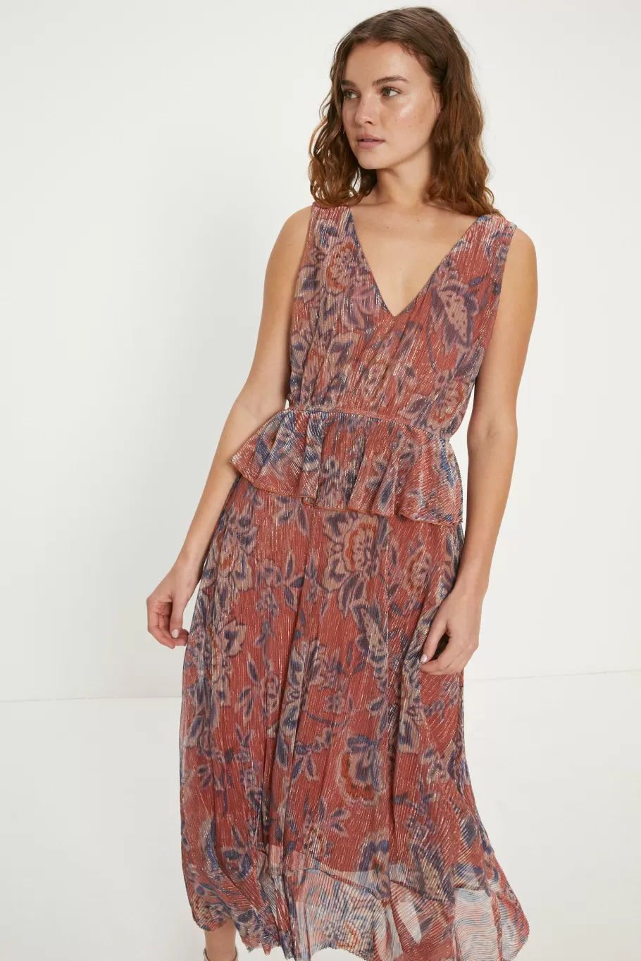 Oasis Glitter Plisse Paisley V Neck Tiered Midi Dress Orange Hot