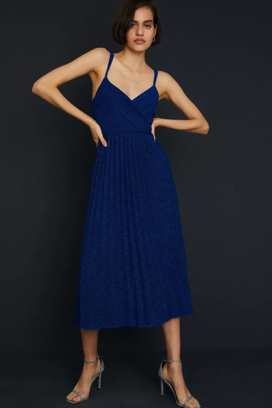 Oasis Glitter Slinky Pleated Wrap Bodice Midi Dress Cobalt Shop