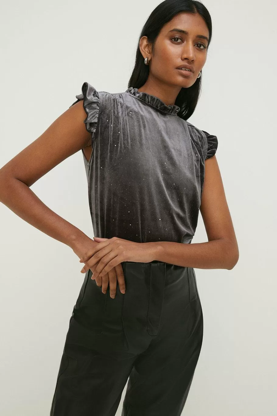 Oasis Glitter Velvet Frill Detail Sleeveless Top Grey Sale