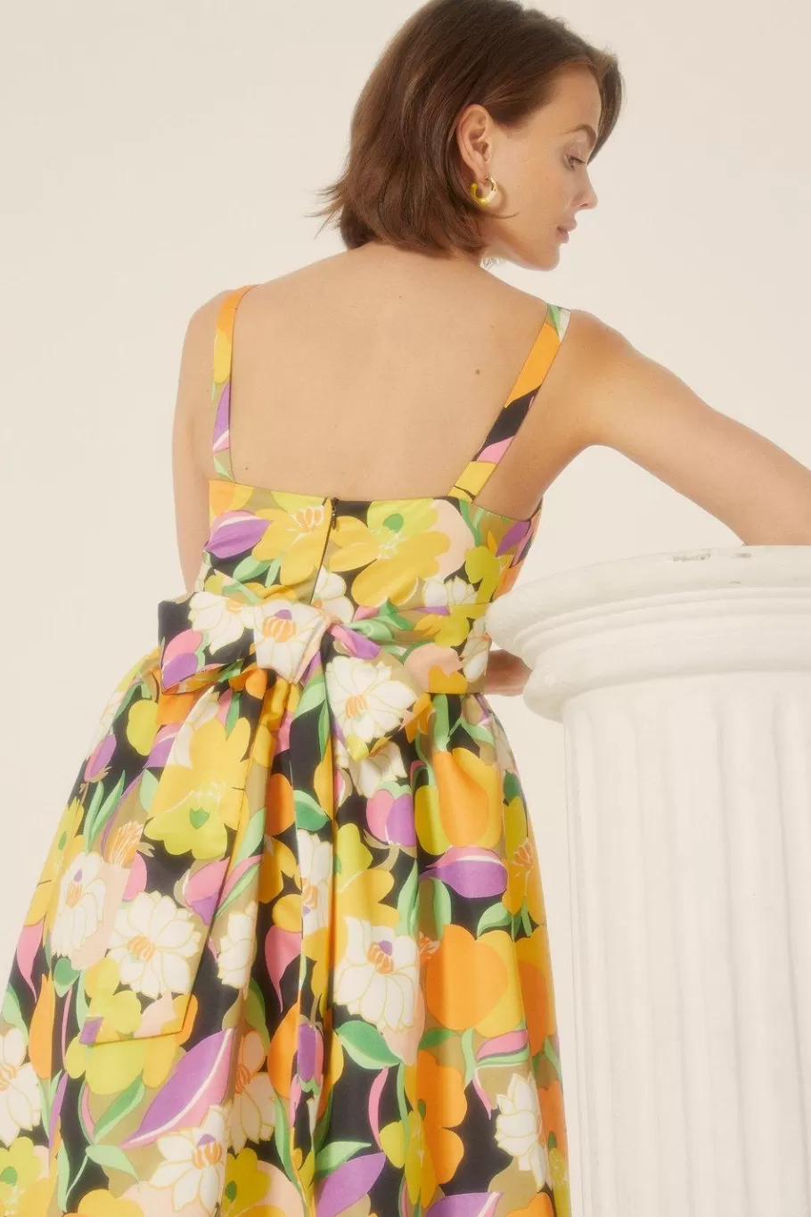 Oasis Graphic Floral Bow Back Midi Dress Yellow Clearance