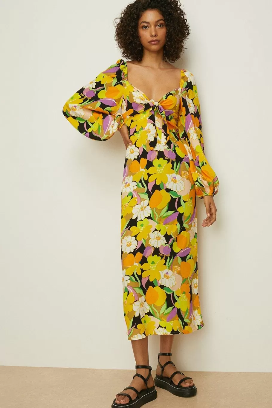 Oasis Graphic Floral Tie Front Midi Dress Yellow Store