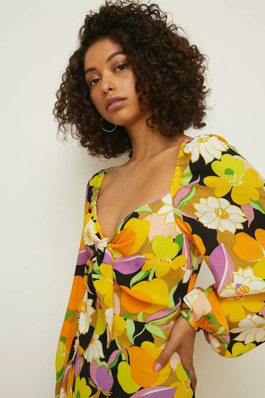 Oasis Graphic Floral Tie Front Midi Dress Yellow Store