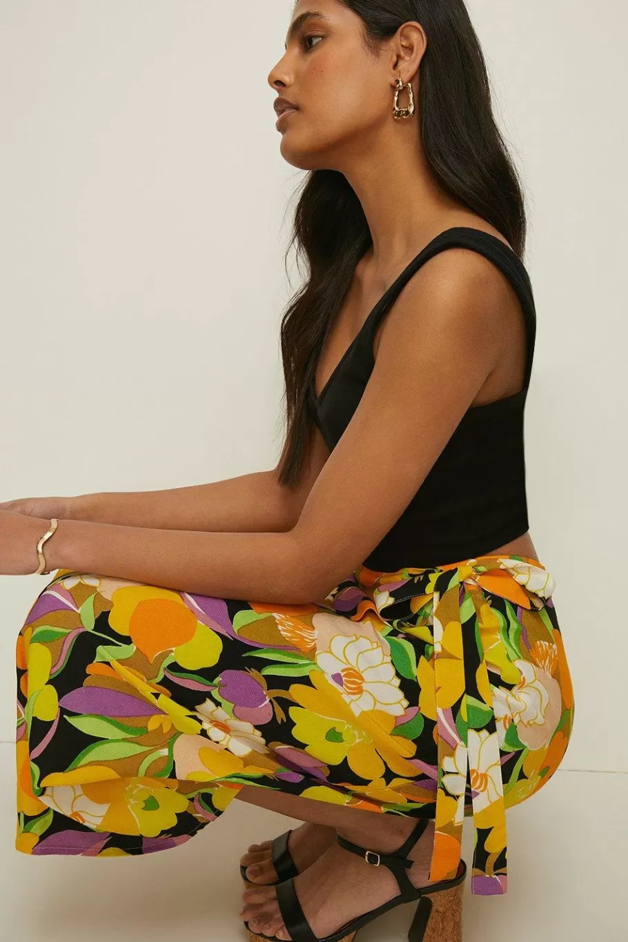 Oasis Graphic Floral Tie Wrap Midi Skirt Yellow Store