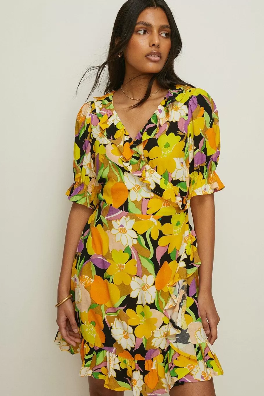 Oasis Graphic Floral Wrap Skater Dress Yellow Shop