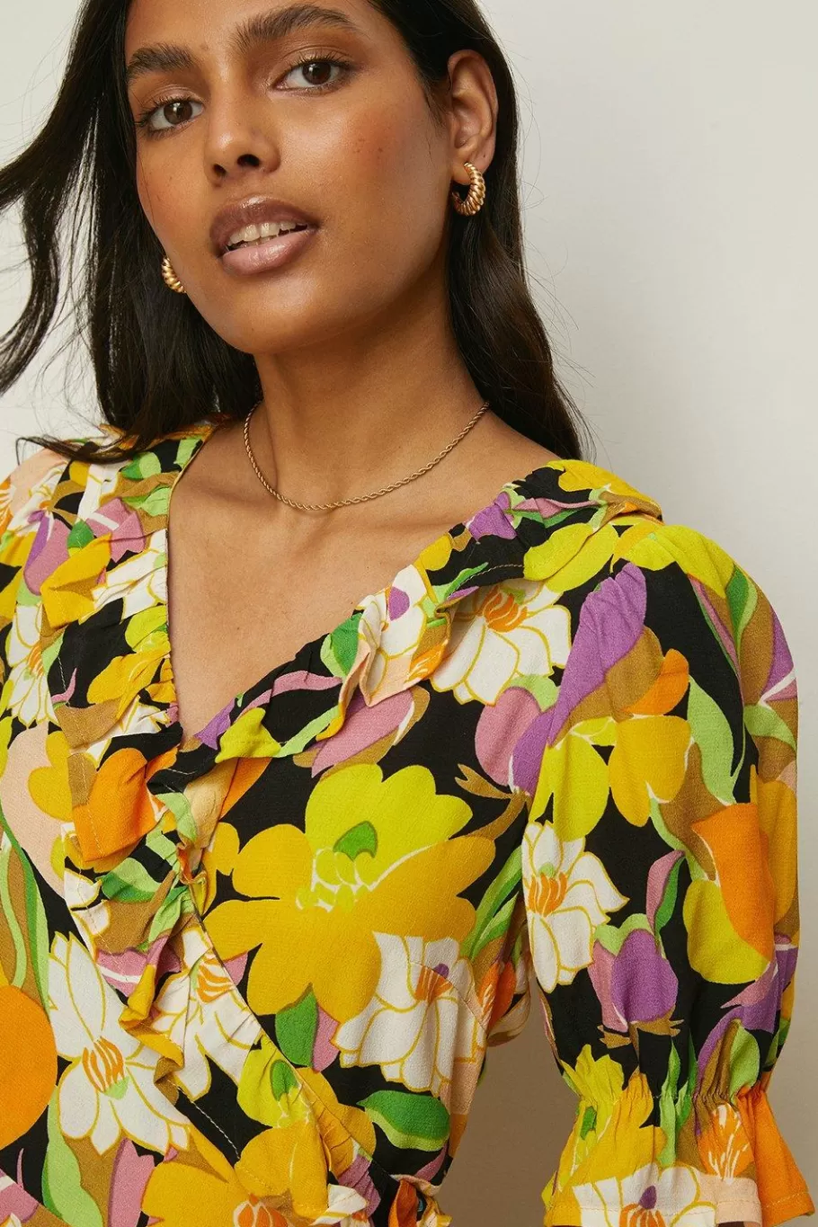 Oasis Graphic Floral Wrap Skater Dress Yellow Shop