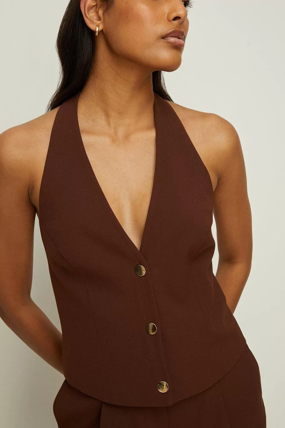 Oasis Halter Neck Tailored Top Brown Clearance