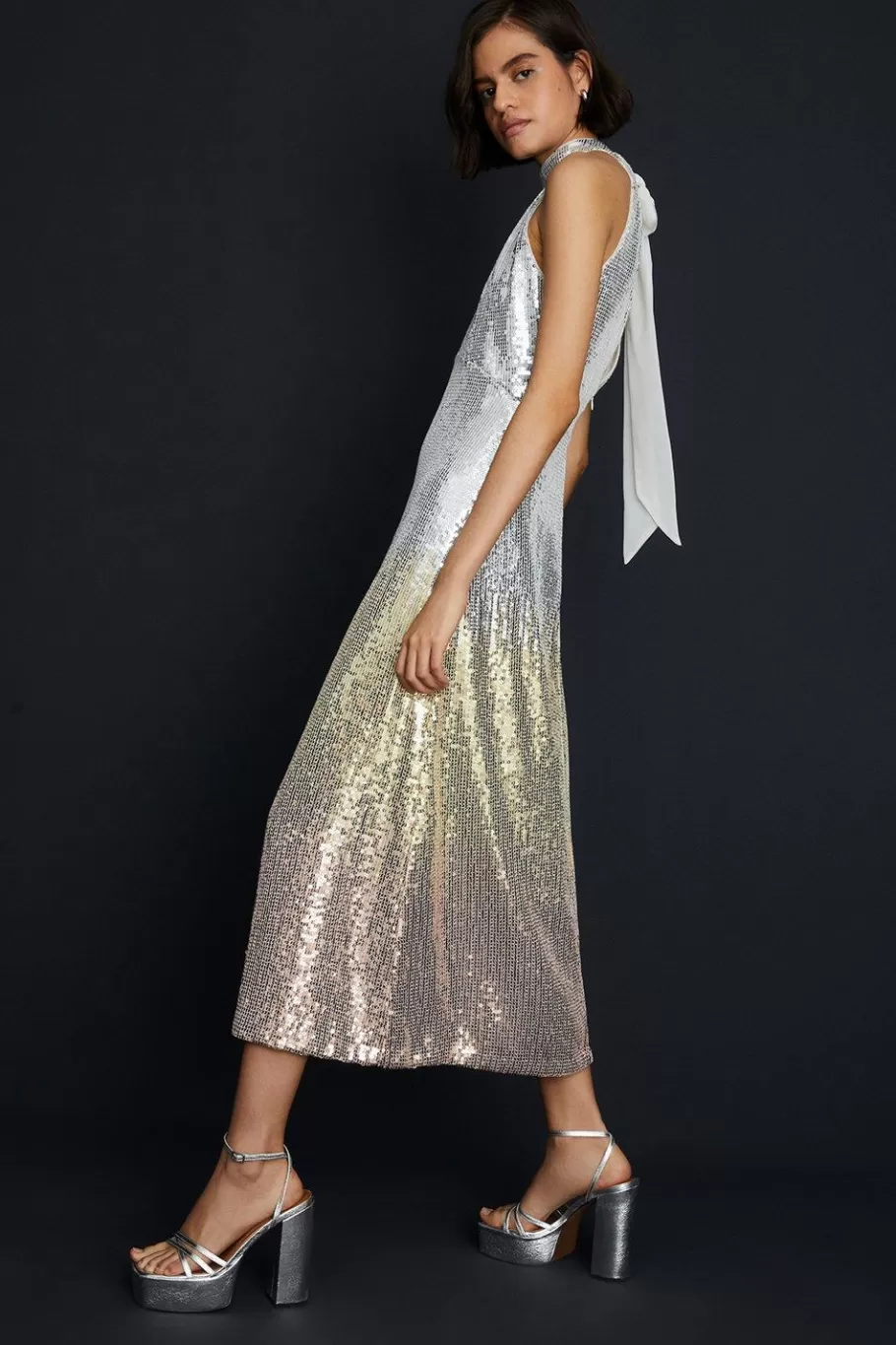 Oasis Hand Embellished Ombre Sequin Halter Midi Dress Gold Flash Sale