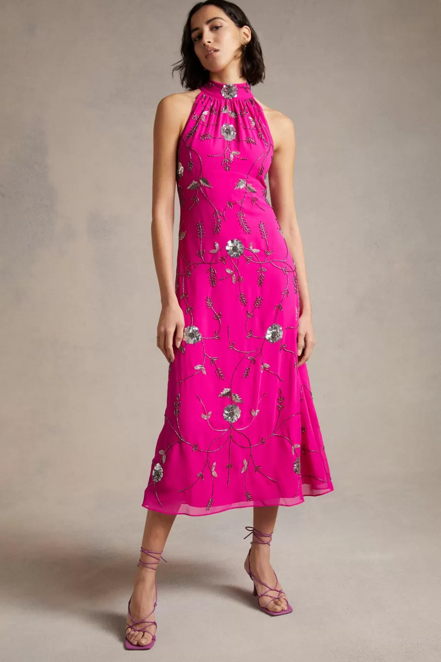 Oasis Hand Embellished Sequin Halter Neck Midi Dress Bright Pink Outlet