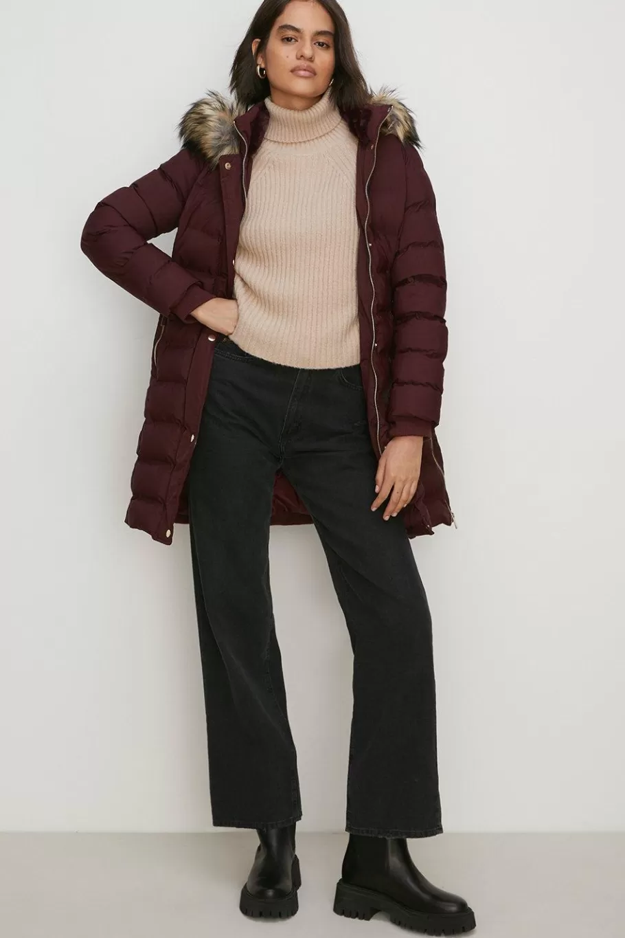 Oasis Heat Seal Midi Puffer Jacket Berry Cheap